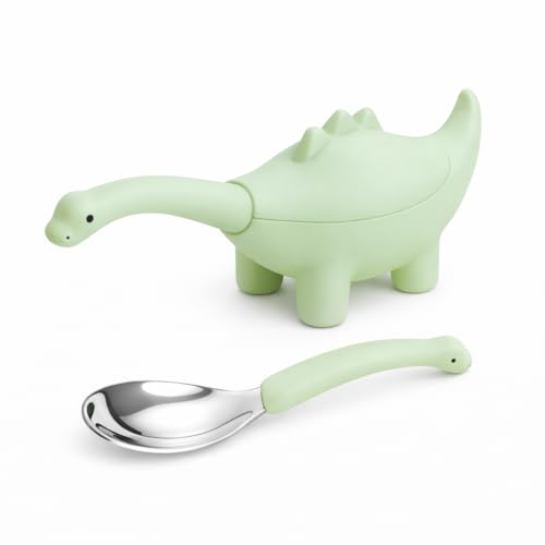 Image of Silicone Spoon for Baby, Green Baby Feeding Spoon, Silicone Kids Spoon with Dinosaur Case, 1 Pc, Travel Friendly Mealtime Utensil, Daily Feeding Essential