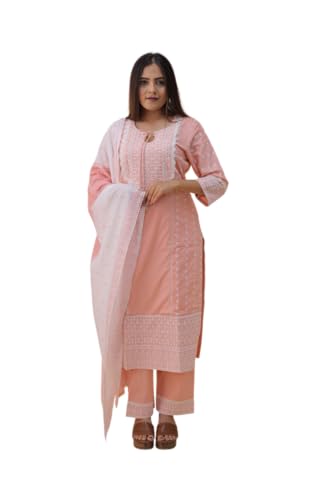 Ensemble dupatta et kurta droite col de serrure brodé Schiffli de qualité supérieure