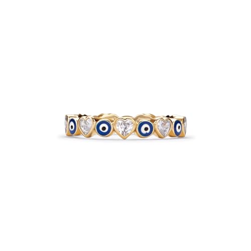 PERIMADE Gold Plated Evil Eye Ring for Women, Dainty Cubic Zirconia Heart Wedding Promise Eternity Band, Hypoallergenic 925 Sterling Silver Stackable Ring Birthday Friendship Valentines Jewelry Gift