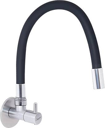 LOGGER - Sink Cock with Flexible Silicone Swivel Spout Kitchen Mixer Faucet (Wall Mount Installation Type), Black, Polished