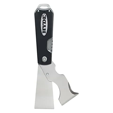Hyde Dual Blade Folding Painter's Tool 5-In-1 Stainless Steel Folds Closed, Flex 1-1/2 Inch, Cleans Rollers, Spreads Compound, Scrapes, Cleans Out Cracks, Opens Cans and Boxes,Black Cover
