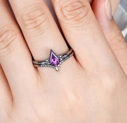 IVANKA Black Gold Kite Cut Amethyst Engagement Ring Set Witchy Rhodium Black Promise Ring Gothic Black Wedding Band Set Anniversary Ring Bridal Set Wedding Ring Set Purple Gemstone February Birthstone Statement Ring Set Amethyst Wedding Set Stackable Ring Gift For Her4