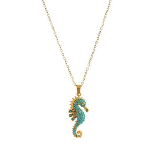 NINMQCFVG Collier pendentif hippocampe plaqué or en acier inoxydable, bijoux océaniques bohèmes turquoise pour femmes