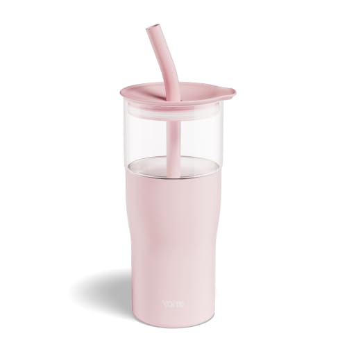 Image of YOME 20oz Light Pink Insulated Glass Tumbler with Lid & Straw for Women Gift | Stainless Steel Iced Coffee Cup | Keep Drinks Cold |Cupholder Friendly |Ideal for Iced Coffee, Smoothies & Boba