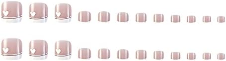CLVPAI French Toe Nails White Heart Press on Toenails Square Short Full Cover Tips Fake Sweet Love Designs Nude Glue Summer Acrylic False Toes for