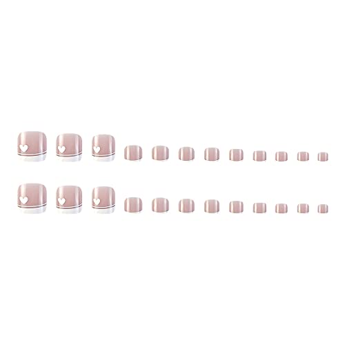CLVPAI French Toe Nails White Heart Press on Toenails Square Short Full Cover Tips Fake Sweet Love Designs Nude Glue Summer Acrylic False Toes for