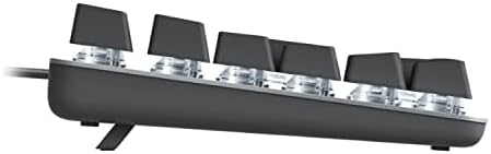 വശം view of Logitech K845 keyboard with adjustable tilt legs extended.