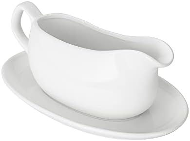 Nucookery Large 17 Oz Gravy Boat and Tray | Ergonomic Handle | White Fine Porcelain Saucier With Big Dripless Lip Spout For Gravy, Warming Sauces, Salad Dressings, Milk | Microwave & Freezer Safe