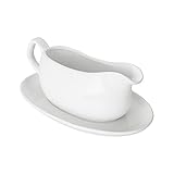 Nucookery Large 17 Oz Gravy Boat and Tray | Ergonomic Handle | White Fine Porcelain Saucier With Big