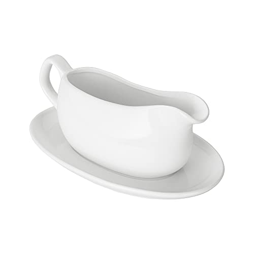 Nucookery Large 17 Oz Gravy Boat And Tray | Ergonomic Handle | White Fine Porcelain Saucier With Big Dripless Lip Spout For Gravy, Warming Sauces, Salad Dressings, Milk | Microwave & Freezer Safe #TOP11