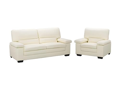 Vente-unique-Sofá de 3 plazas y sillón de Piel de búfalo Marfil Mimas II