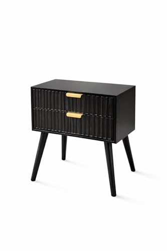 Image of Brown Art SHOPPEE Wooden Bedside Table for Bedroom | Line Design Bed Side Nightstand Lamp Table with 2 Drawers for Home | Side Table for Living Room | Premium Engineered Wood & Wood Legs (Black)