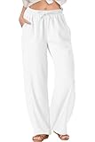 TOPYOGAS Womens High Waist Drawstring Stretch Casual Pants Summer Loose Pants Straight Trousers with Pockets White