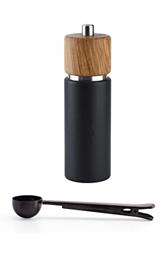 Zassenhaus Hannover Pepper Grinder Mill Gift Set, 7-Inch, Matte Black/Natural Olive Wood - With Stainless Steel Spice Scoop & Bag Clip