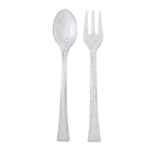 Mini Glitter Silver Spoon and Fork Plastic Combo Set – Durable Disposable Utensils for Desserts Appetizers Samples Catering Parties Events Buffets and Food Service Supplies Heavy Duty (384)