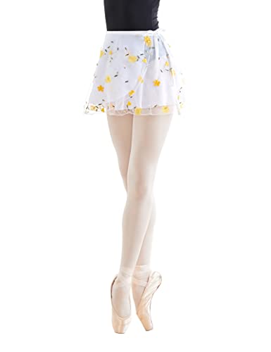 Daydance White Women Ballet Skirts Lace Wrap Sheer Chiffon Dance Skirt with Embroidery, 2 Layerss