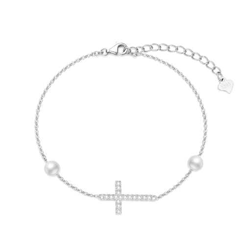 Sterling Silver 0.15 carat Natural Diamond Cross Bracelet for Women, Christian Jewelry Gifts for Her, 6.5-8.5 Inches