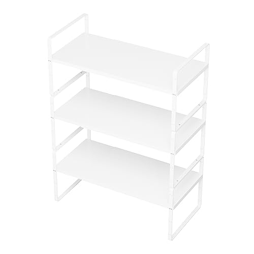 SANNO Expandable Cabinet Shelf Organizer,Spice Rack Adjust Height Large Kitchen Cupboard Organizer Stackable Counter Shelf Expandable Shelves, Counter Pantry, White,3 Pack