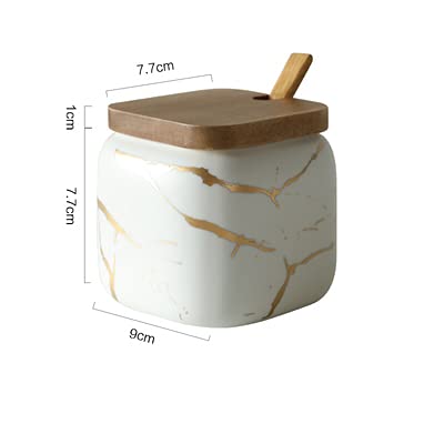 Jfflyit 2 Sets Of Marble Ceramic Sugar Bowl Ceramic Seasoning Jars With Wooden Lid And Wooden Spoon(White) #TOP2