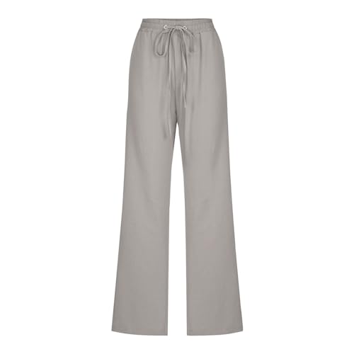 Image of Linen Pants Women High Waisted Drawstring Casual Pant Cotton Linen Straight Leg Lounge Trousers with Side Pockets