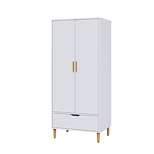 Large Wooden 2 Door Wardrobe with Wood Legs Wardrobes Clothes Closet Storage Organiser with Drawer and Hanging Rail Home Bedroom 180x78x55cm White