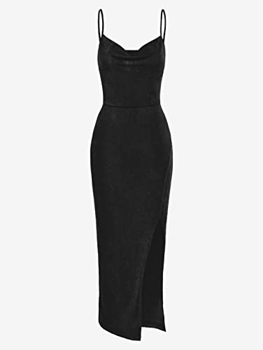Zaful Women's Sleeveless Solid High Split Draped Midi Slip Slinky Bodycon Dress (C-Black, Small) #TOP1