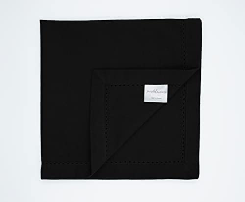 PurpleEssences Set of 12 Hemstitch Cloth Dinner Napkins 100% Cotton - Soft Durable Washable - Ideal for Wedding Christmas Holiday Winter - Perfect Everyday Use Table Linen 18x18 - Black