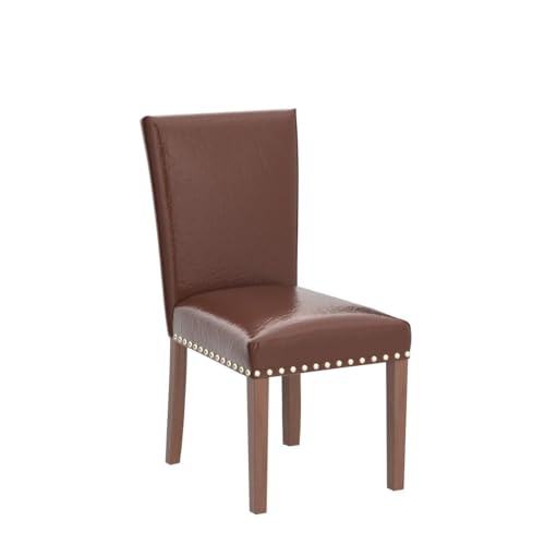Image of COLAMY Upholstered Parsons Dining Chairs Set of 6, PU Leather Dining Room Kitchen Side Chair with Nailhead Trim and Wood Legs - Light Brown