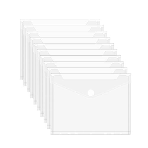 JEFURE 10 Piezas Carpetas Plastico A5, Carpeta Sobres Plastico Transparente A5 con 7 Agujeros, Carpeta Portafolios Impermeable con Cierre de Gancho y Bucle, Perfectas para Organizar Documentos