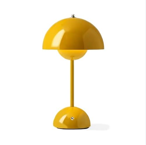 Lámpara de mesa LED Milan con forma de seta, inalámbrica, recargable de 5000 mAh, color amarillo, intensidad regulable y 3 temperaturas de color. IP44. Cable USB y enchufe UE incluidos.