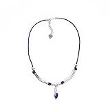 Cuero y zamak Colgante estilo Boho para mujer bañado en plata, con cuero y cristal de color negro, turquesa, morado. Hecho a mano en España. Estilo Uno de 50. (MORADO)