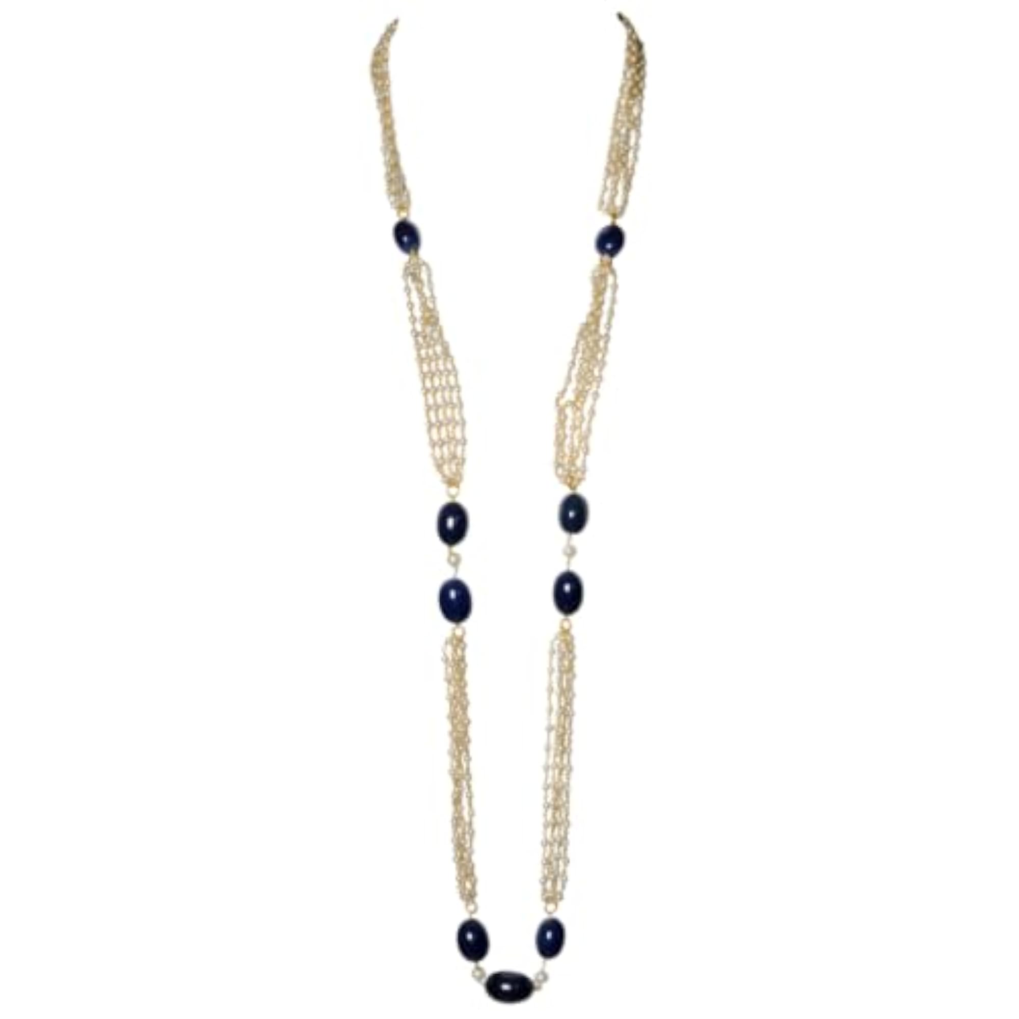 Jaipur Pearl & Sapphire Gemstone Chain Necklace, Gift for Her
