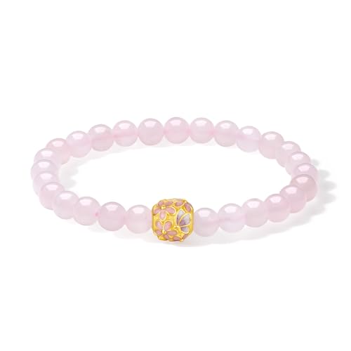 24K Real Gold Flower Charm Bracelet Pure Gold Beaded Bracelets Rose Quartz Bead Beacelet Dainty Jewelry Anniversary Birthday Gifts for Women Mom Daughter 17cm A1914848 - Main Image
