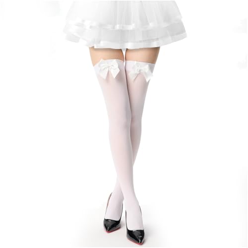 Image of Women's Satin Bows Thigh High Stockings Hold-ups Snag-Resistant Knee High Long Socks