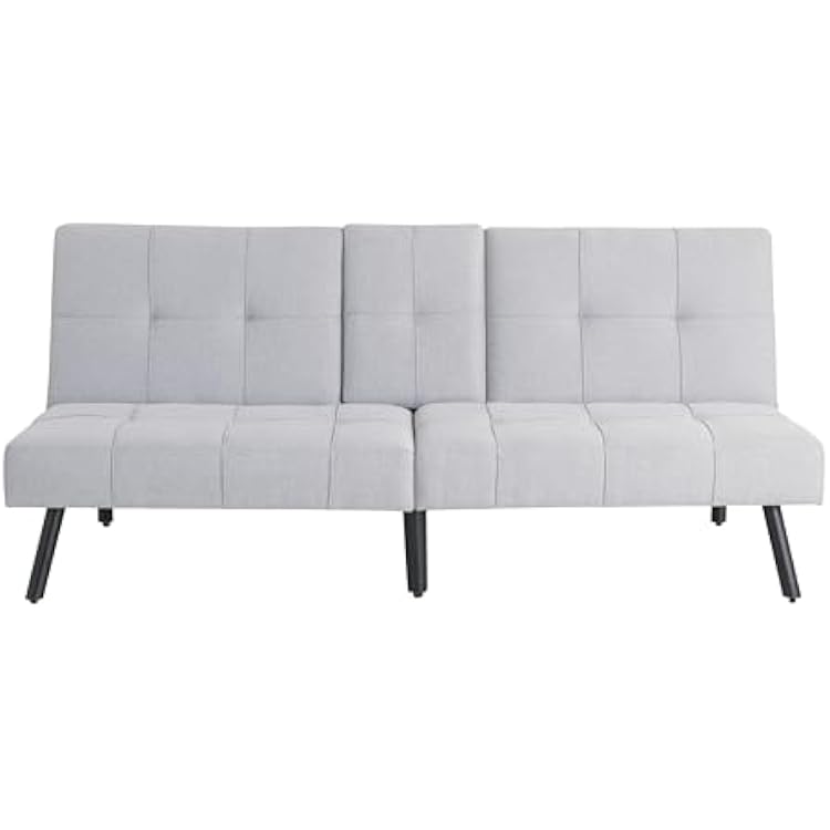 Serta Larken 65 Convertible Futon Sofa, Short Twin Size, Modern, Center Console w/Cup Holders, Dream Coil Comfort, Fingerguard Pinch Point Protection, Soft Woven Polyester Fabric, Light Gray