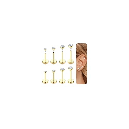 Diamday 8pcs Tragus Piercing Acero Quirúrgico Piercing Nariz Oreja 16G 18G Helix Labio Piercings Hipoalergénico Cartílago Pendientes Conch Rook Helix Tragus Piercings Oreja Nariz Studs Oro Plata