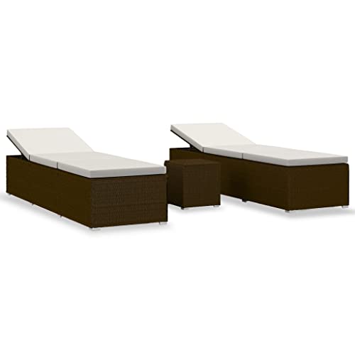 vidaXL Chaises Longues de Jardin et Table à Thé 3 pcs Transat de Patio Bain de Soleil de Balcon Camping Extérieur Résine Tressée Marron