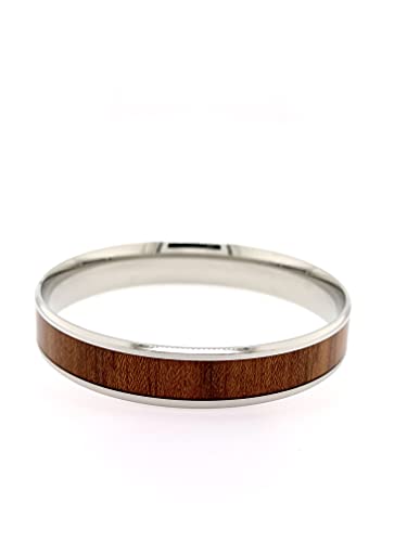 HPJ Beautiful Hawaiian Natural Koa Wood Bangle Bracelets 12mm Band Silver Stainless Steel Comfort Fit Women Size 7.5", 8", 8.5"2