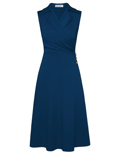 Damen Business Wickelkleid Damen A-Linie V-Ausschnitt Elegante Midi Kleider Elegant Festlich mit Knopf Blaugrün M