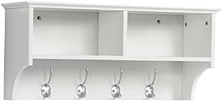 Yaheetech Wooden Hallway Wall Coat Hook with 2 Open Storage Shelves Wall Mounted Coat Hooks Storage Unit with 4 Double Hooks Hallway Organiser, 60x20x27cm, White