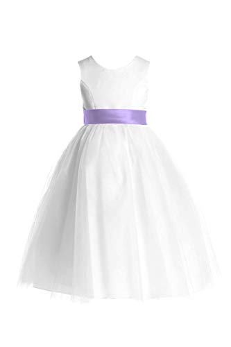 Lito Satin Flower Girl Dress w/Removeable Sash and Tulle Skirt (White/Lilac, 4)