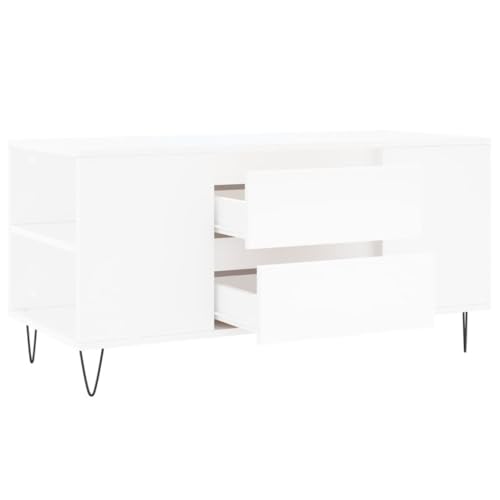 Table basse blanche 102 cm avec 2 tiroirs et 4 compartiments en bois - 7