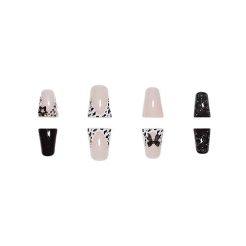 Image of Black Nails Press ons Duck Fake Nails White French Tip False Nail with Star Design Glossy Full Cover Glue on Nail Reusable Artificial Acrylic Bow Stick on Nail for Women Manicure 24Pcs