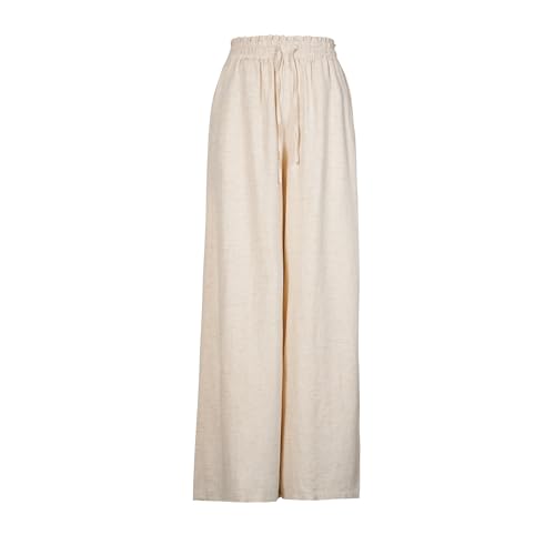 Womens Drawstring Elastic Pant Loose Cotton Linen High Waist Wide Leg Trousers