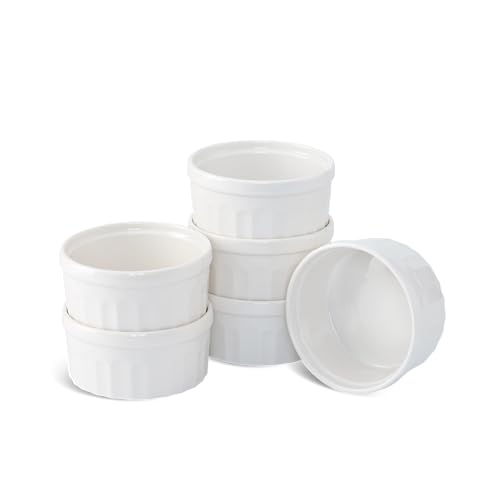 Minh Long 7oz Ramekins Set of 6, 3.94 Inch Oven Safe White Porcelain Ramekin Bowls for Baking, Soufflé, Desserts, Sauce & Sides – Dishwasher Safe - Ideal for Easter, Mother's Day, Father's Day