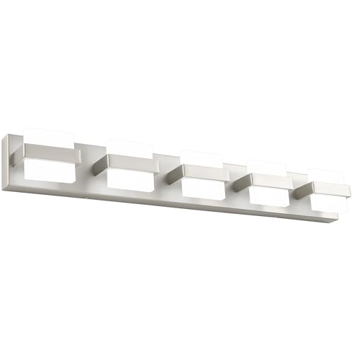 Image of SOLFART 5-Light Bathroom Vanity Lights Over Mirror,Brushed-Nickel LED Modern Vanity Lights for Bathroom, Dimmable