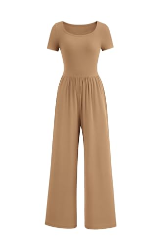 PRETTYGARDEN Women's Summer One Piece Jumpsuits Dressy Casual Short Sleeve Square Neck Wide Leg Jumpsuit Rompers