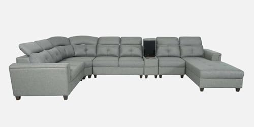 Image of Torque Arnold Fabric 8 Seater Sofa with Lounger and Cup Holder Light Grey | Corner Sofa Couch with Moveable Headrest | U Shape Sectional Sofa Set Living Room Office Home