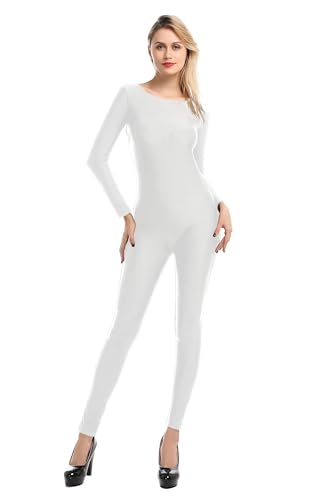 Carnavalife Maillot de Danza Ballet Mujer, Mono de Cuello Redondo con Manga Larga, Body Ajustado de Cuerpo Completo de Gimnasia Rítmica Leotardo de Patinaje (M, Blanco)
