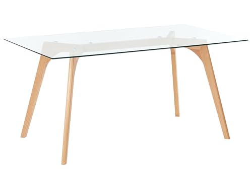 Beliani Garden Dining Table Rectangular 160 cm 90 cm Tempered Glass and Beechwood Lacquered Finish Transparent, Hudson